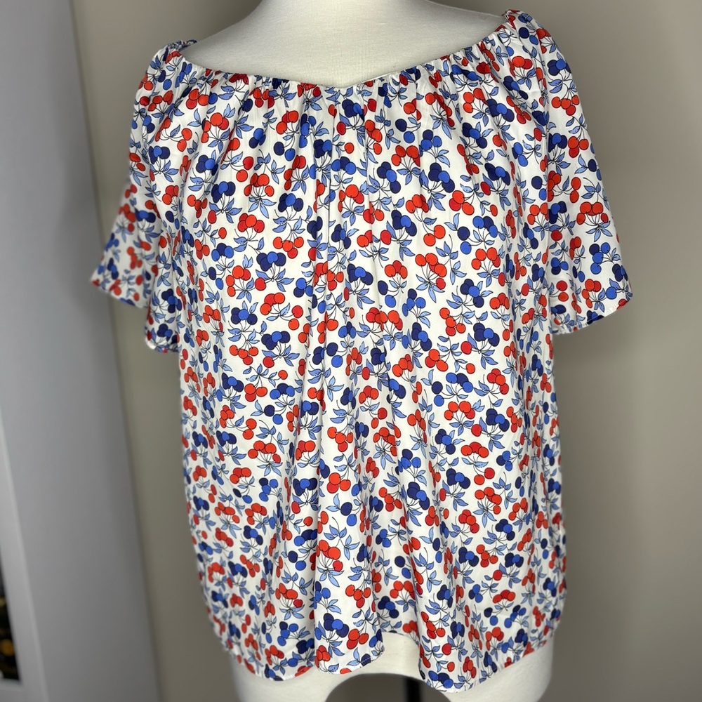 Ann Taylor Off-Shoulder Cherry Print Blouse - Red and Blue